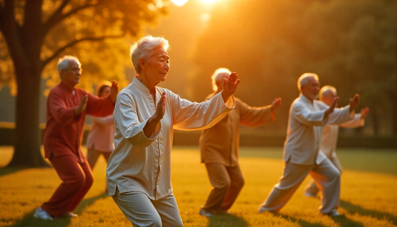 Group of seniors practicing Tai Chi in a sunlit park during sunrise
