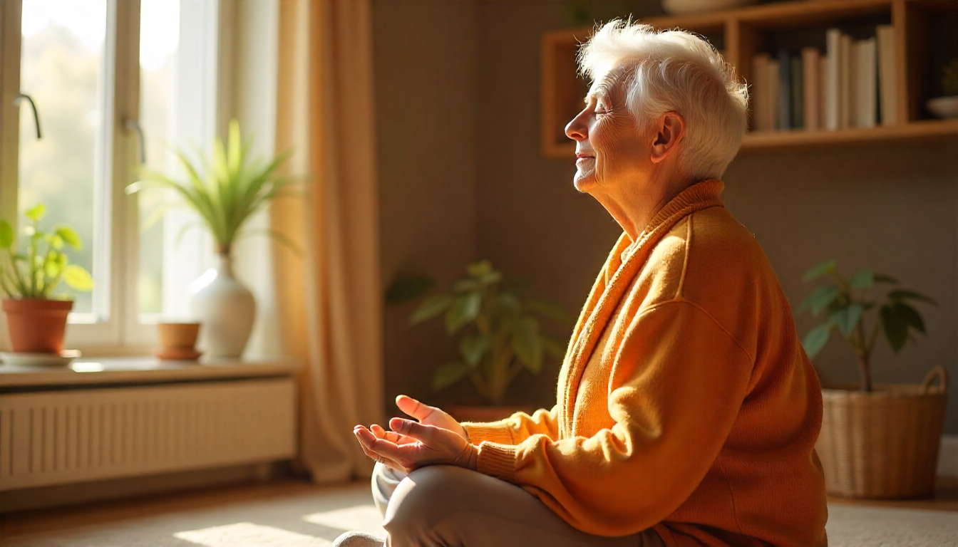 Elderly woman meditating peacefully in morning sunlight at home