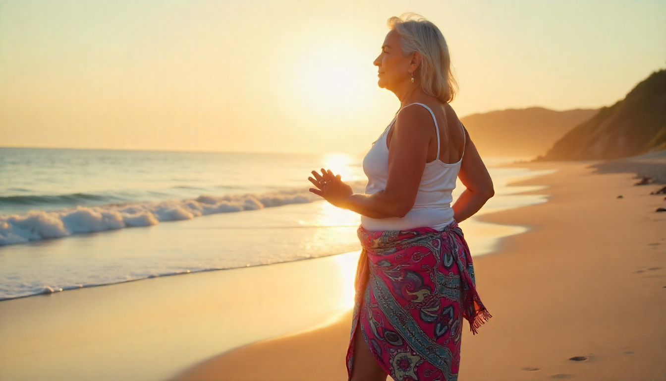 Senior woman meditating on the beach during sunset
